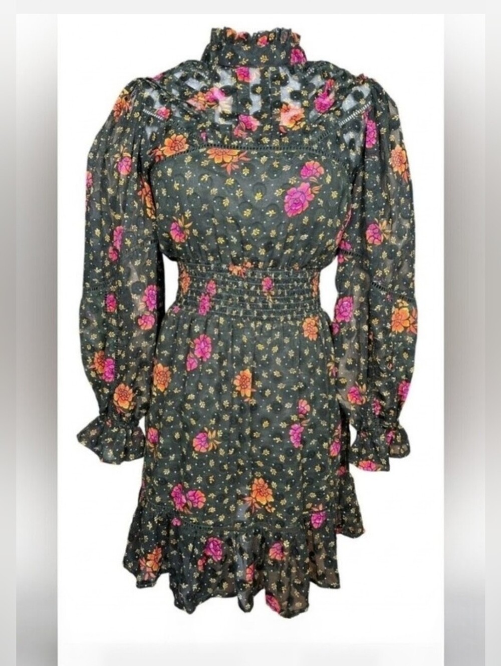 NWT! Sheer Fall Polka-Dot Floral Garden Party Women's Cottagecore Mini Dress XS